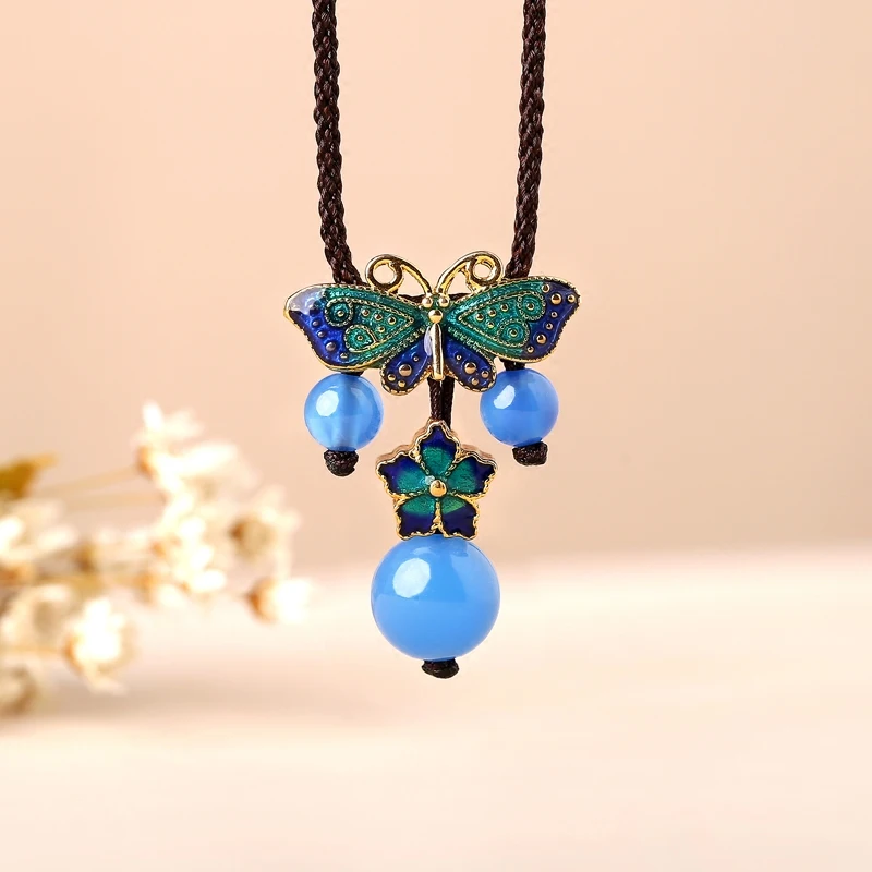 Ethnic style necklace female clavicle chain agate cloisonne pendant blue simple jewelry accessories wild short | Украшения и
