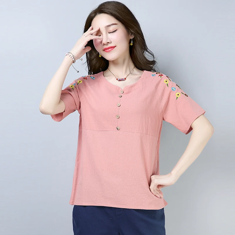 Button V-Neck Summer Tshirt Short Sleeve Retro Embroidery Flowers T-Shirt Loose Breathable Cotton Linen Tops Women Clothing | Женская