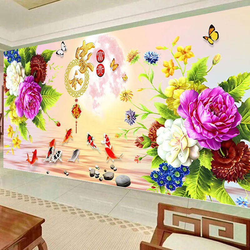 DIY Алмазная вышивка Круглый Алмаз пион семья и богатые девять рыб Полный Стразы 5D