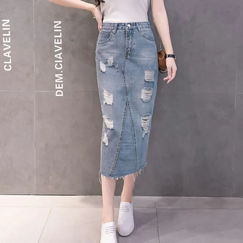 Женская джинсовая юбка с потертостями однотонная ковбойская разрезом и высокой