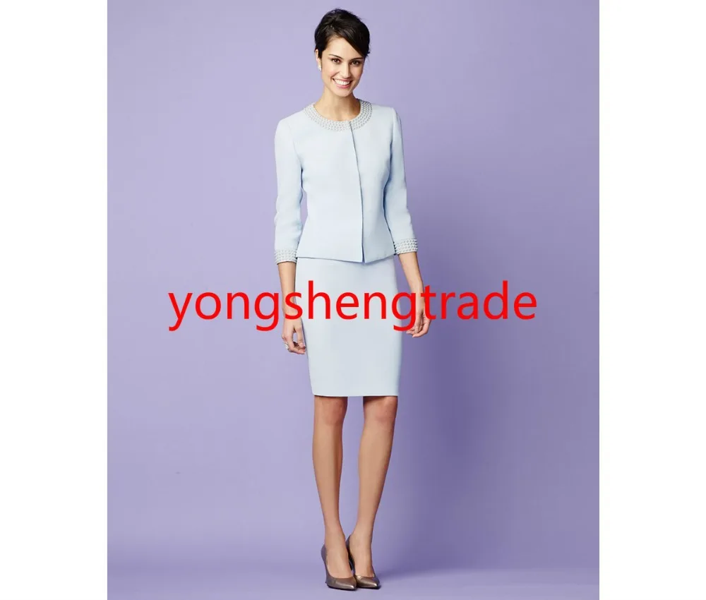 Дизайнер Жемчужно Отделка Оснастку Передняя Юбка Костюм Светло Голубой Женщины