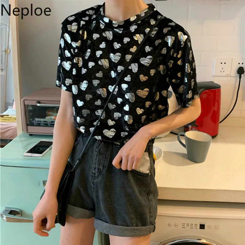 Neploe Сердце шаблон женские Топы Harajuku o-образным вырезом короткий рукав футболки