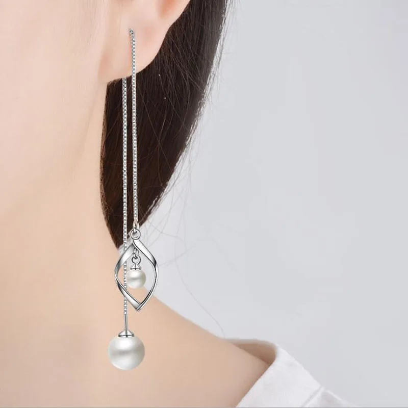 KOFSAC Fashion 925 Sterling Silver Chain Earrings For Women Drop-Shaped Pearl Ear Line Long Tassel Earring Jewelry Gift Brincos | Украшения