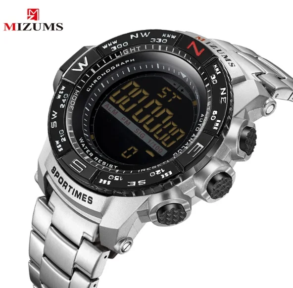 silver black Мужские часы с хронографом, светодиодный, цифровые часы для мужчин, водонепроницаемые, с будильником, спортивные, Reloj Hombre, золотые, нержавеющая сталь, мужские часы - Цвет: silver black