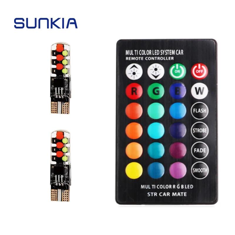 Автомобильная светодиодная лампа SUNKIA 2 шт./компл. T10 COB RGB с пультом дистанционного