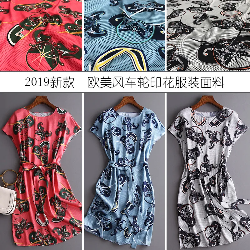 

2019 new wheel three-color digital printing women's fashion fabric dress shirt parent-child wear polyester twill printed cloth
