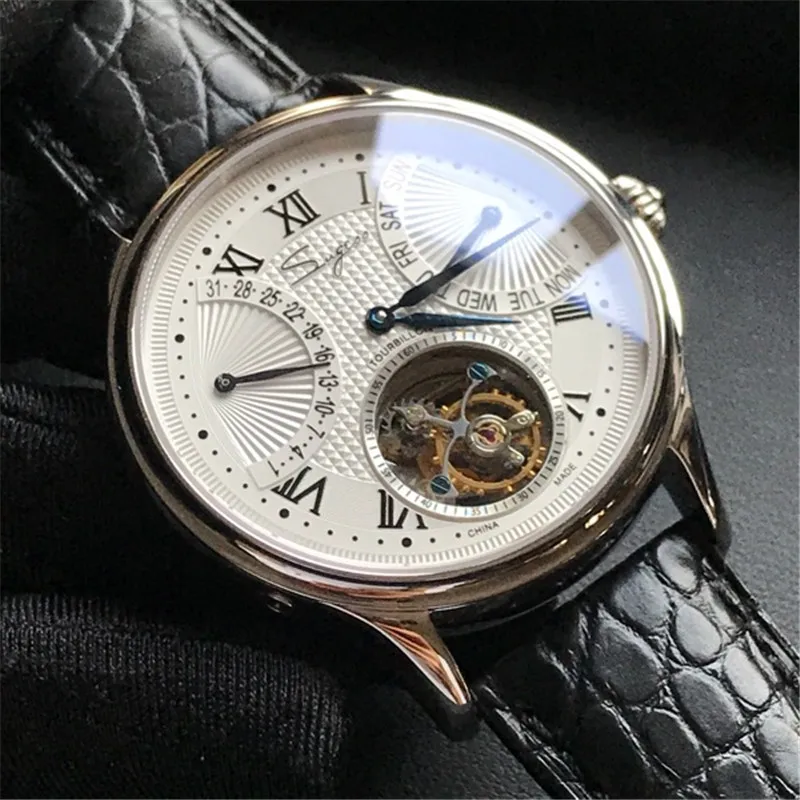 Роскошные часы ST8004 Tourbillon, мужские часы из крокодиловой кожи с календарем, дисплеем недели, мужские механические часы с ручным заводом, водонепроницаемые часы 5ATM
