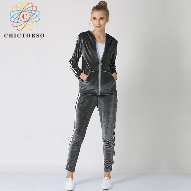 Chictorso с длинным рукавом бархатные спортивные костюмы длинные штаны Топ комплект