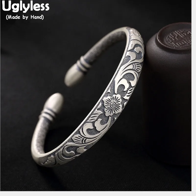 

Uglyless Real Solid 999 Pure Silver Flower Ethnic Open Bangles for Women Buddhism Six-word Religious Bangle Thai Silver Jewelry