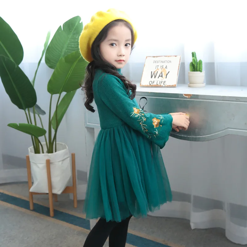 Осенне-зимнее платье для девочек Цветочная вышивка с сеткой Детские платья