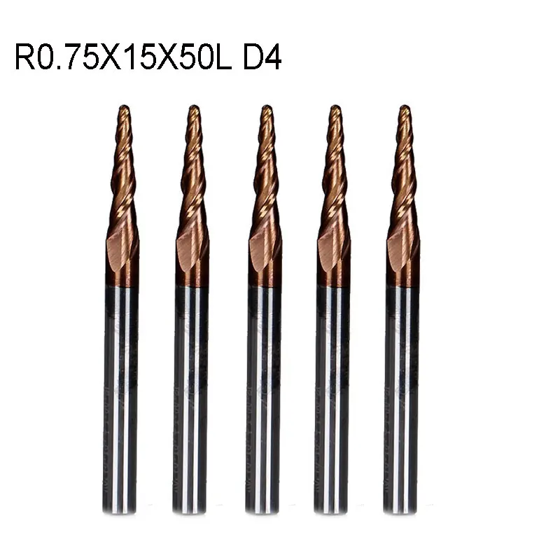 5pcs/lot R0.75*D4*15*50L*2F solid carbide 6mm Ball Nose Tapered End Mills router bits cnc taper wood metal milling cutter | Инструменты