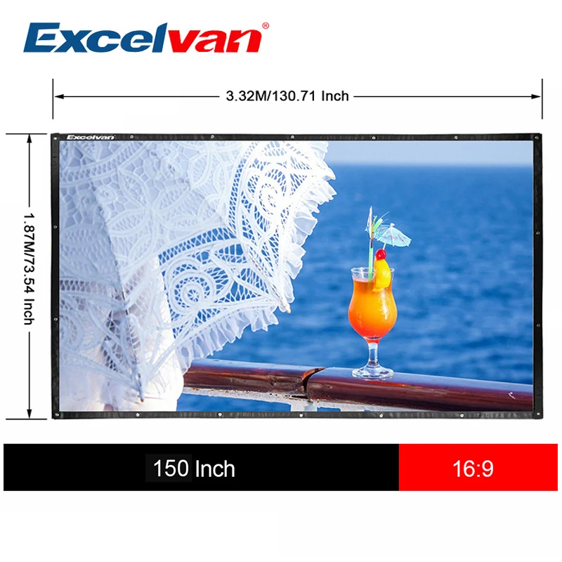 Excelvan 150 дюймов 16:9 складной ПВХ HD портативный домашний и наружный проектор экран с подвесным отверстием для передней проекции