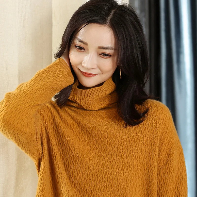 DILLY FASHION women loose pattern turtleneck knitted cashmere sweater- GML7284 | Женская одежда