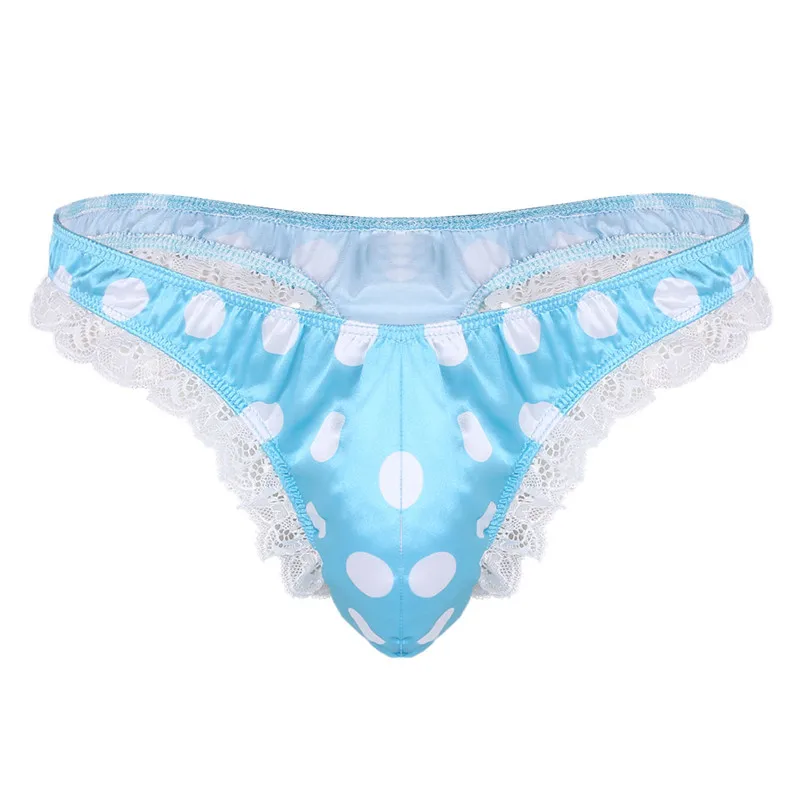 Sky blue MSemis мужские трусики-стринги, нижнее белье, блестящее атласное кружевное бикини в горошек с рюшами, стринги, нижнее белье с высокой посадкой, нижнее белье - Цвет: Sky blue