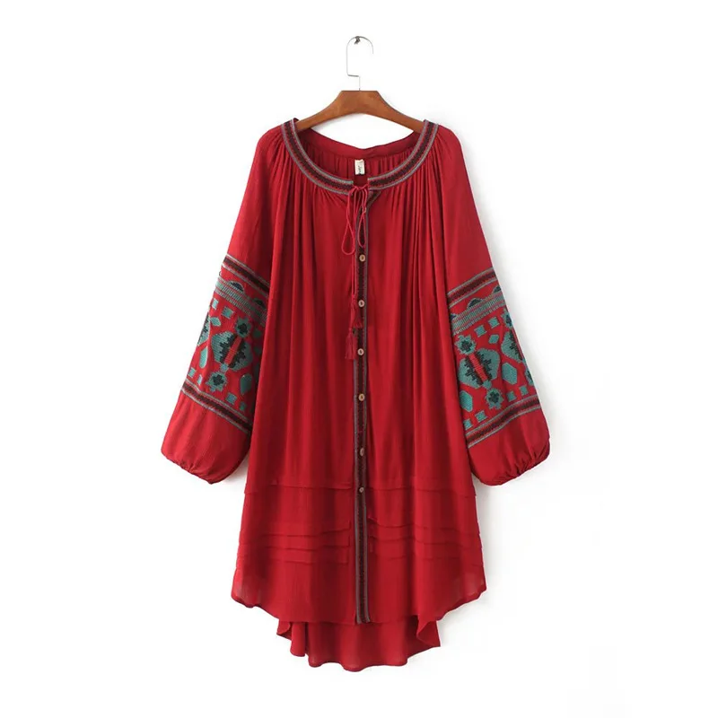 Brand Summer Runway Dress 2018 Loose Causal National Embroidery Vintage Retro Boho Beach Tassel Long Sleeve Dresses White | Женская