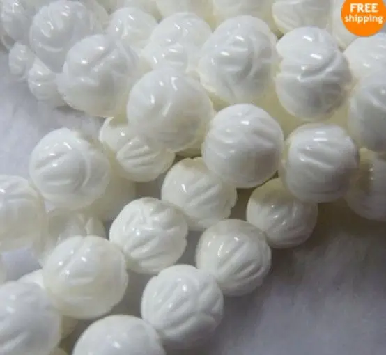 

fashion jewelry beads Charming 8-10mm White Carving Coral chalcedony Round Loose Bead 15" Wholesale and retail