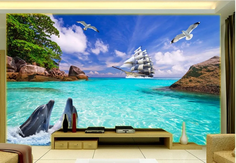 3d обои для комнаты дельфин залив парусник фон фреска фото Настенные |