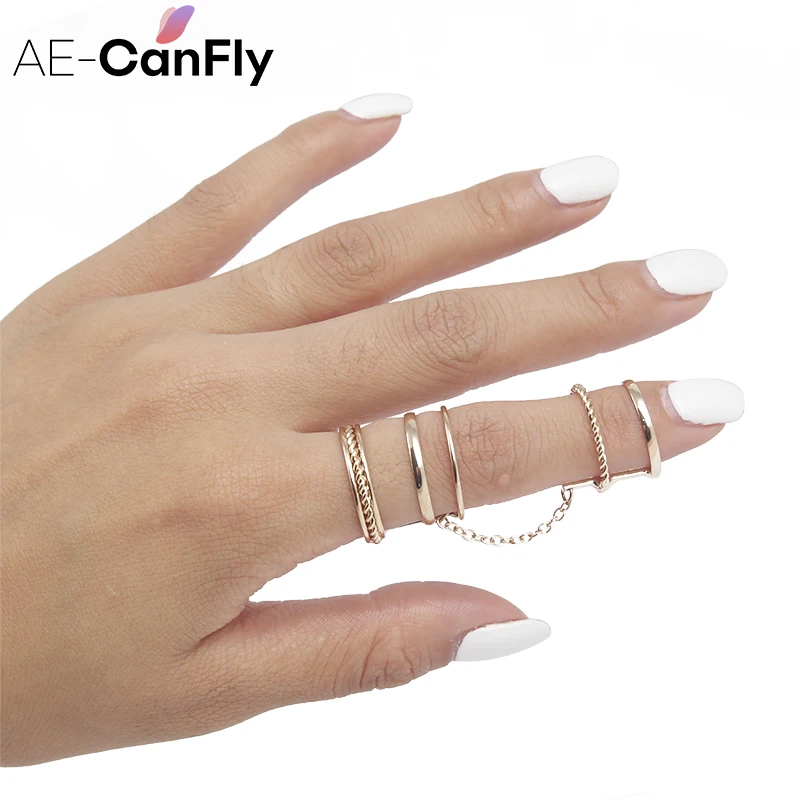 

AE-CANFLY 2020 New Fashion Gold Jointed Loops Ring Hollow Chain Full finger Rings for Women 1D1020