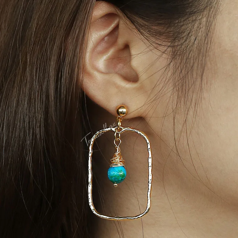 Womens Dangling Earrings Geometric Rectangle Blue Stone Beaded Drop For Women Unique Woman Jewelry Gift Wholesale HDE01 | Украшения и