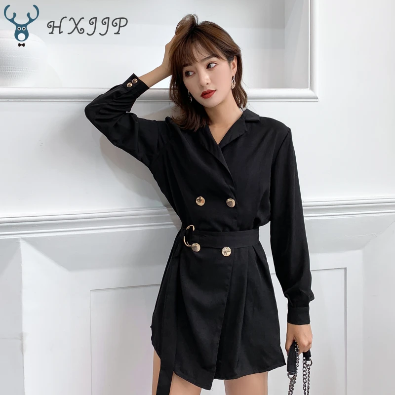 HXJJP Summer Women's Long Sleeve Double-breasted Mini dressTurn-down Collar Loose Waist Slim with belt Black Blazer Dress OL | Женская