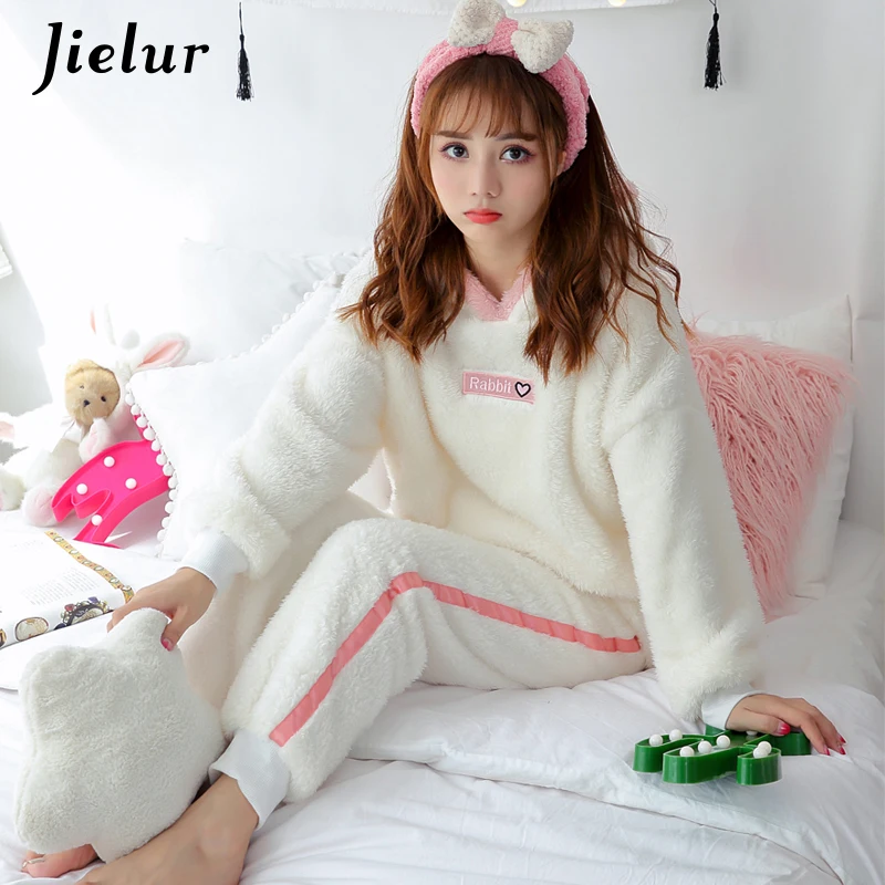 Jielur пижамы для девочек женщин мультфильм Kawaii осень теплый коралловый бархат Homesuit