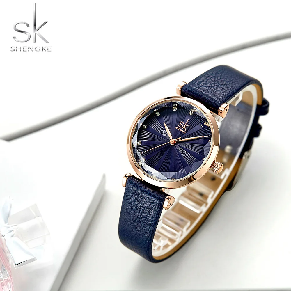 นาฬิกาข้อมือสตรี Shengke นาฬิกาสุภาพสตรีนาฬิกาควอตซ์นาฬิกาข้อมือสายหนังแฟชั่น Casual กันน้ำ