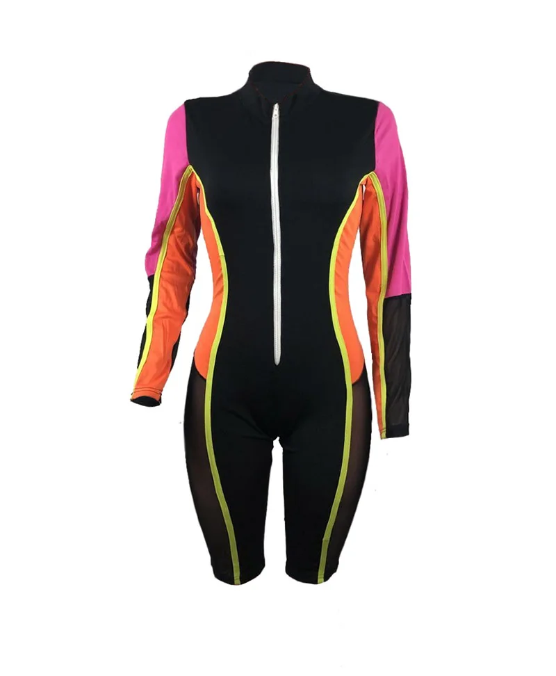 

2019 Fashion Womens Playsuits Multicolored Patchwork Sheer Mesh Jumpsuit Sexy Zipper Skinny Short Jumpsuit Long Sleeve Bodycon