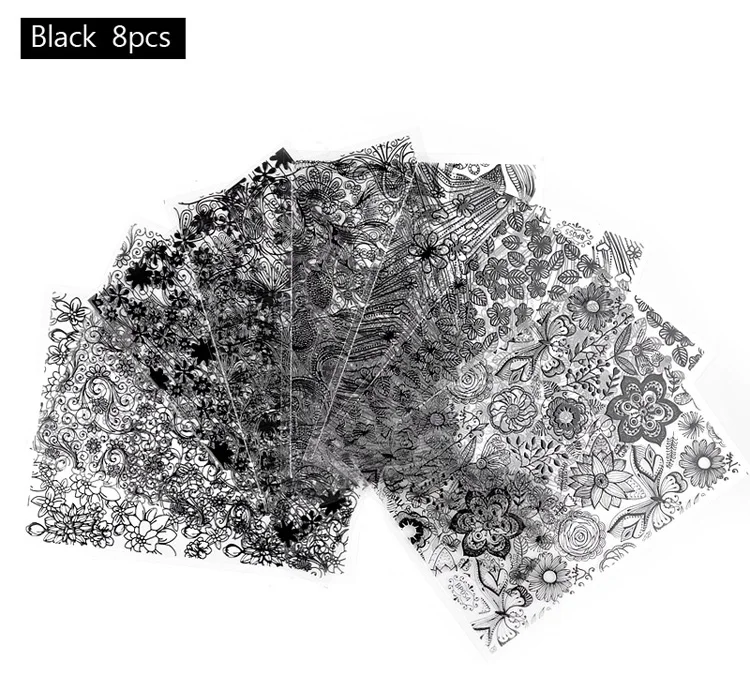 Black 8 шт./компл. тиснением металлические наклейки для ногтей Цветущий цветок цвета: золотистый, серебристый 3d DIY Клей Советы наклейки для дизайна ногтей аксессуары - Цвет: Black