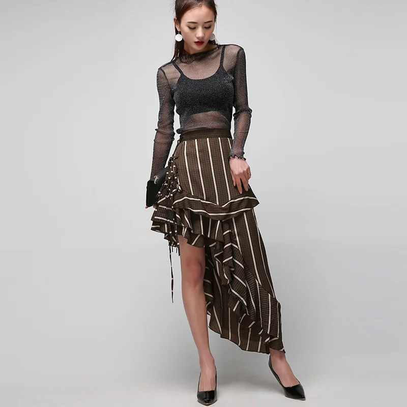 Cakucool Высокая Талия Юбки Полосатый Асимметричный Юбка Хаки Оборками Весна Лето