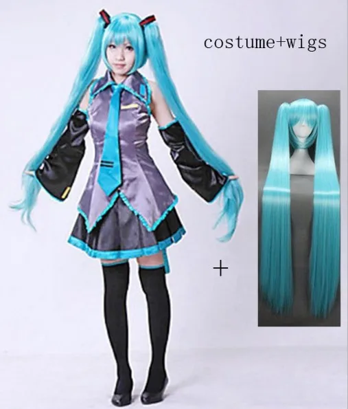 costume and wigs Вокалоид косплей Хацунэ Мику Косплей Костюм Аниме Косплей костюмы Харадзюку Топ+ юбки+ рукавицы+ галстук+ пояс+ чулки парики - Цвет: costume and wigs