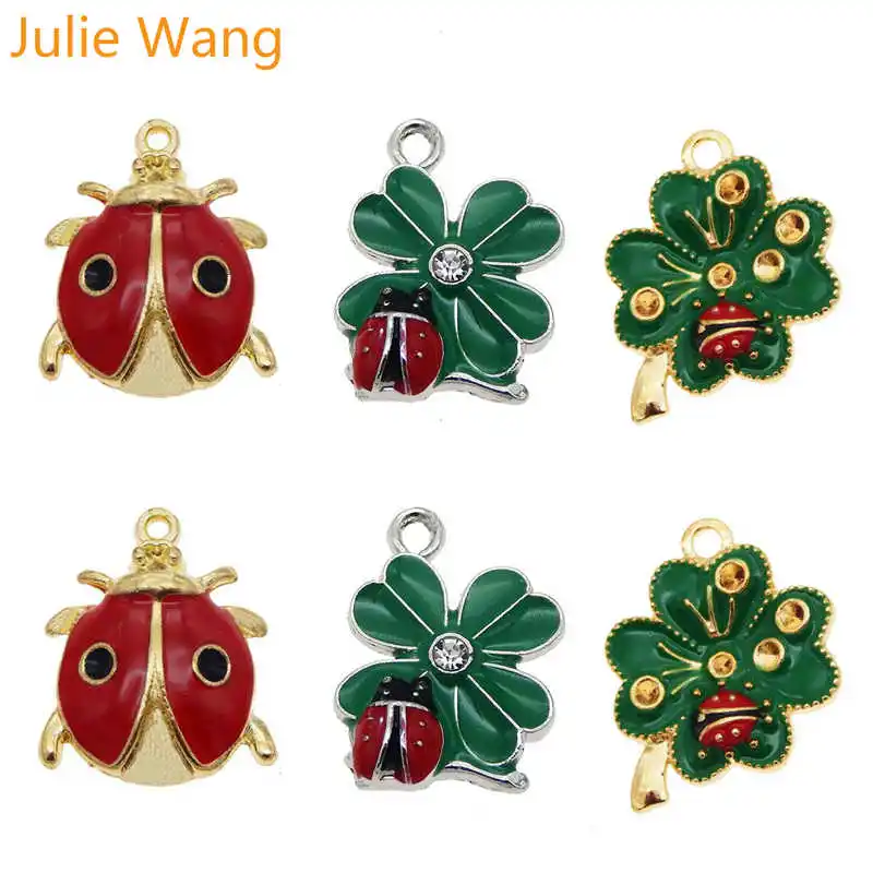 Julie Wang 6 шт. смешанный эмалевый Клевер Божья коровка милые шармы сплав ожерелье