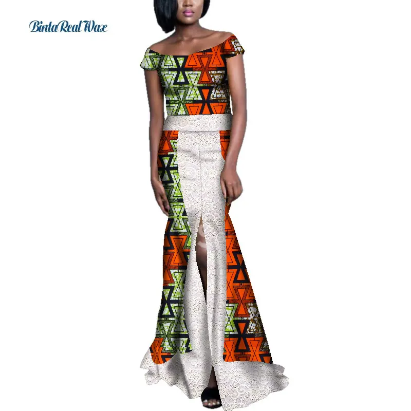 New African Print Dresses for Women Long Split Lace Dress Draped Patchwork Bazin Riche Vestidos African Ankara Clothing WY3565