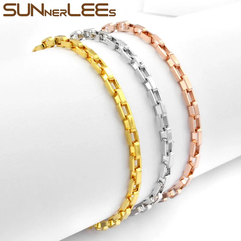 

SUNNERLEES Fashion Jewelry White Rose Gold Color Bracelet 3mm Box Link Chain For Mens Womens Gift C12 B