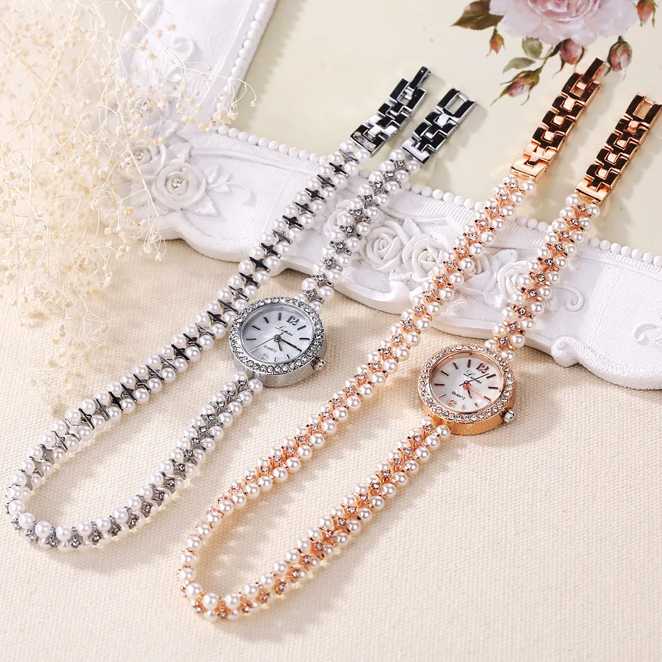 Роскошные часы-браслет из розового золота с жемчугом и стразами Женские