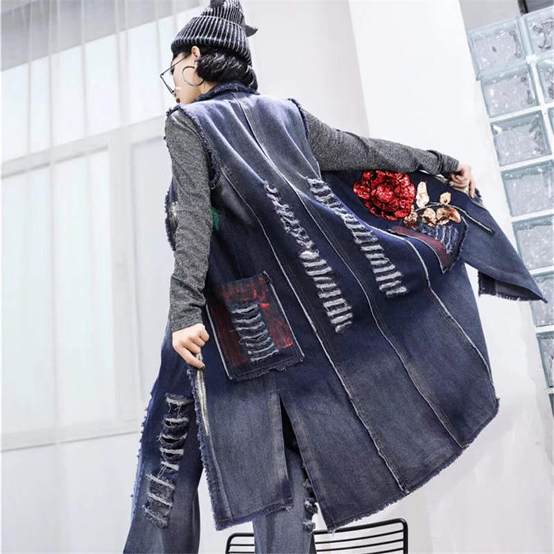 Женский джинсовый жилет с вышивкой и рваными дырками весна-осень новинка женский