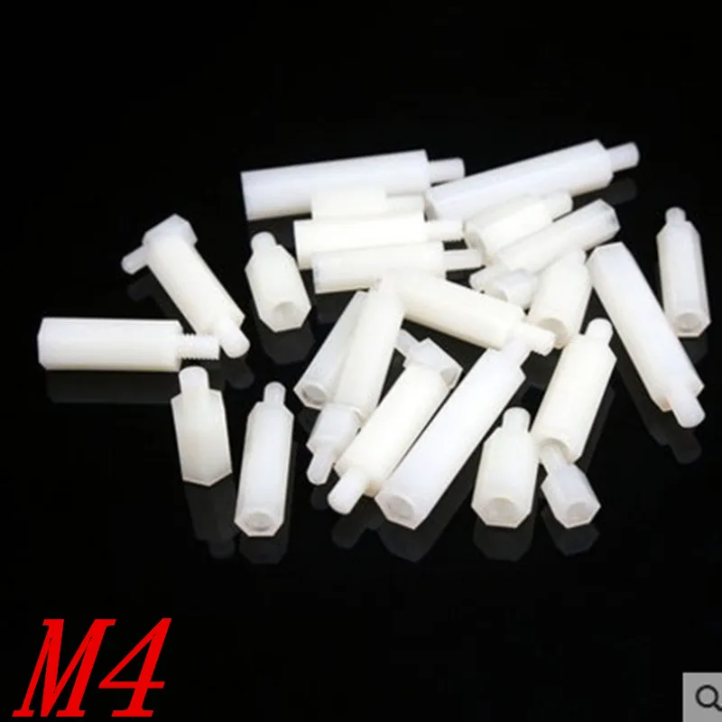 50PCS M4*L+6 4mm thread white Hex Nylon Standoff Spacer Column Flat Head male to female Plastic Spacing Screws |