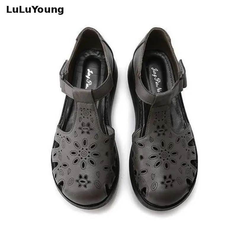 Сандалии женские из натуральной кожи босоножки на платформе с круглым носком