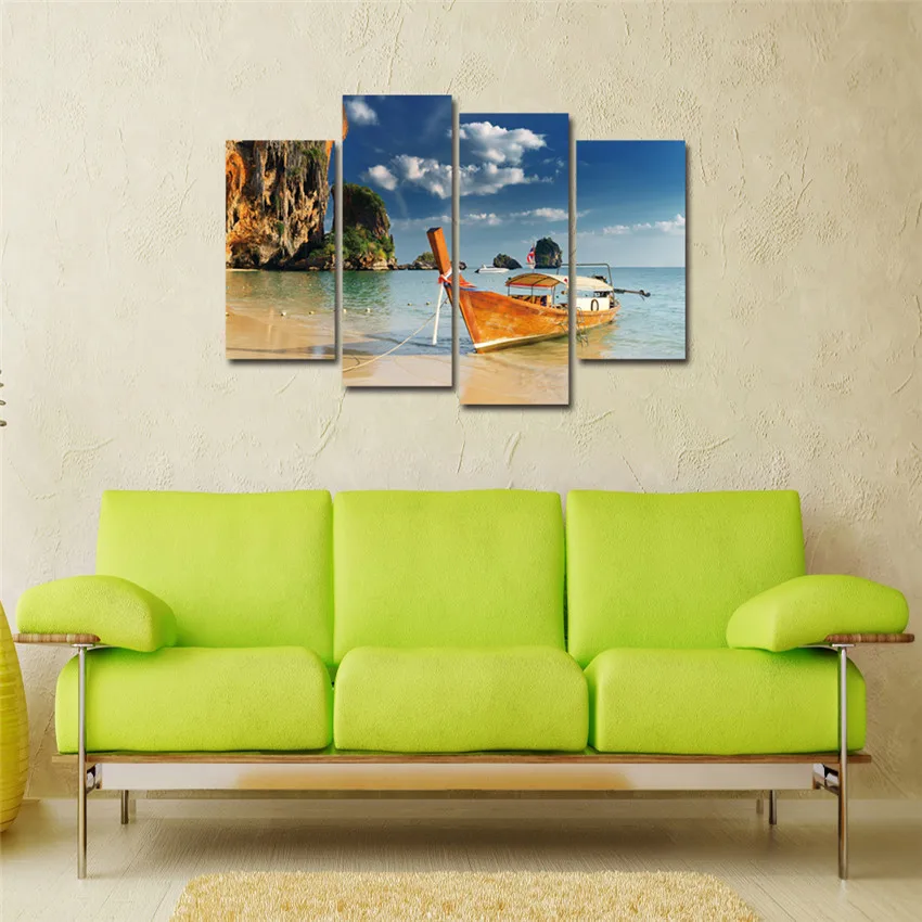 4 панели лодка Холст Картина пляж живопись на холсте Куадрос decoracion красоты