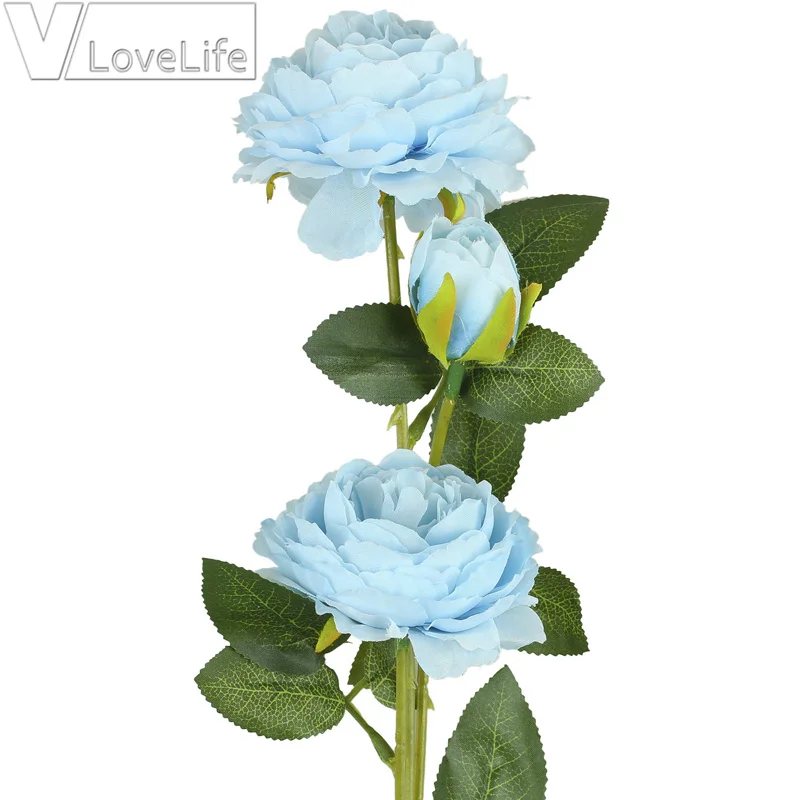 blue 3 бутоны искусственных цветов слоновая кость пионы шелковые цветы розовый цвет шампанского роза искусственный свадебный Декор букета дома поддельные цветы - Цвет: blue