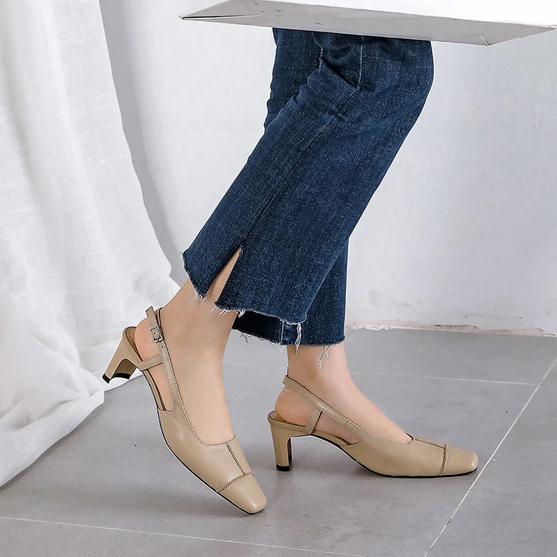

ISNOM Genuine Leather Women Square Toe Buckle Footwear Thick High Heels Sandals Shoes Office Shoes Woman 2019 New Summer