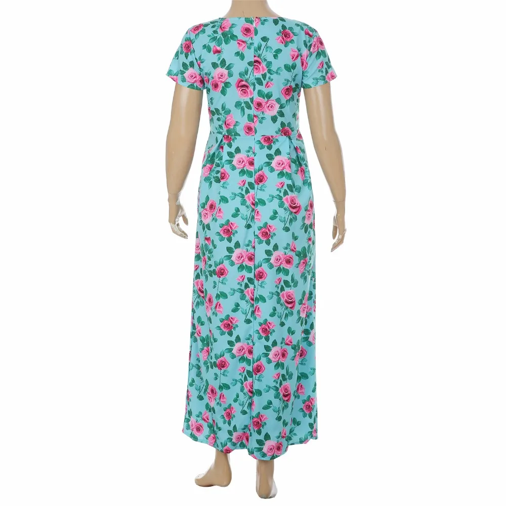 Ybenlow Plus Size Summer Beach Dresses 2017 Floral Printing Turquoise Colors Short Sleeve Pockets Empire Women Long Dress Женская