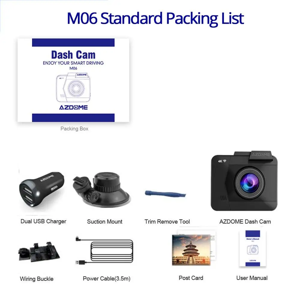 M06-Standard-List AZDOME M06 Dash Cam встроенный WiFi gps Автомобильная приборная панель камера рекордер с UHD 2160 P, 2," lcd, 170 ° Широкий угол, WDR, ночное видение - Название цвета: M06-Standard-List