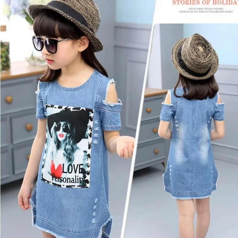 Детское джинсовое платье с коротким рукавом без бретелек | Детская одежда и обувь
