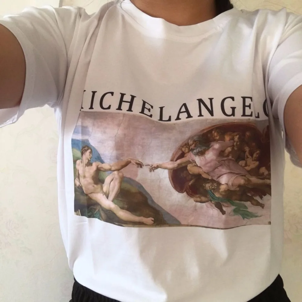 Италия Michelangelo цифровые печатные футболки женские летние топы плюс белые с