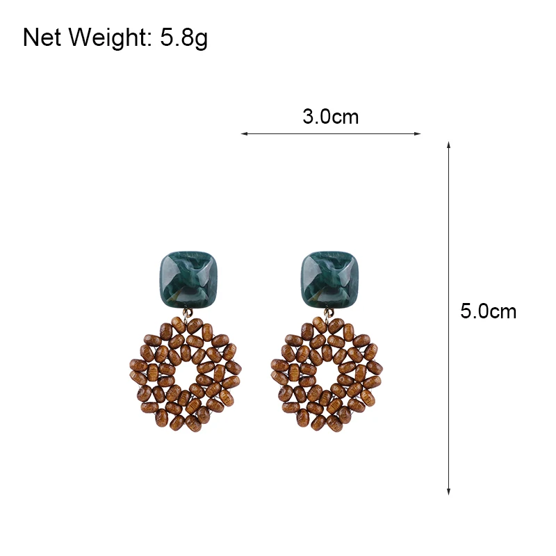 

AMORCOME Ethnic Handmade Beaded Dangle Earrings For Women Girl Green Beige Square Resin Wood Beads Knit Round Pendant Earring