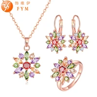 fym wedding rose gold color flowerjewelry sets colorful zircon crystal earringnecklacering cz women jewelry sets