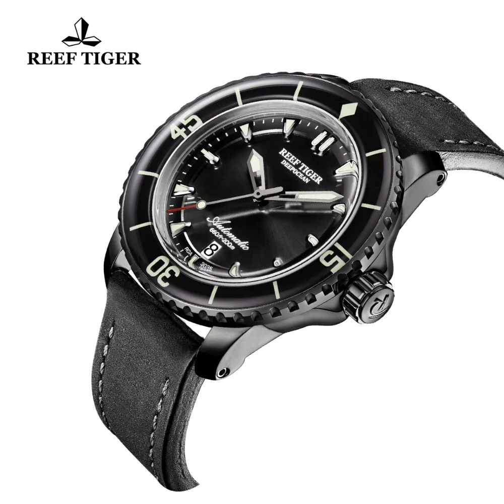 Reef Tiger/RT часы для дайвинга люминесцентные спортивные часы мужские черные стальные кожаный ремешок автоматические с датой водонепроницаемые часы RGA3035