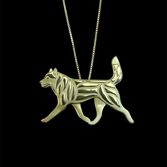 

Siberian Husky movement with carried up tail - Gold and silver pendant and necklace jewelry Simple abstract animal free ship