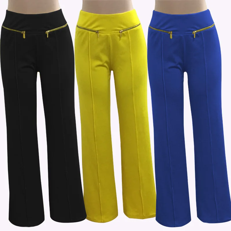 Сплошной цвет молнии отделкой прямые брюки талии|straight trousers|colorful trouserzipper trousers |