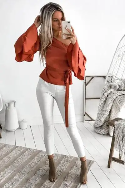 

2017 Women Sexy Ladies Women One-shoulder Flare Sleeve Sashes Sexy Short Tops